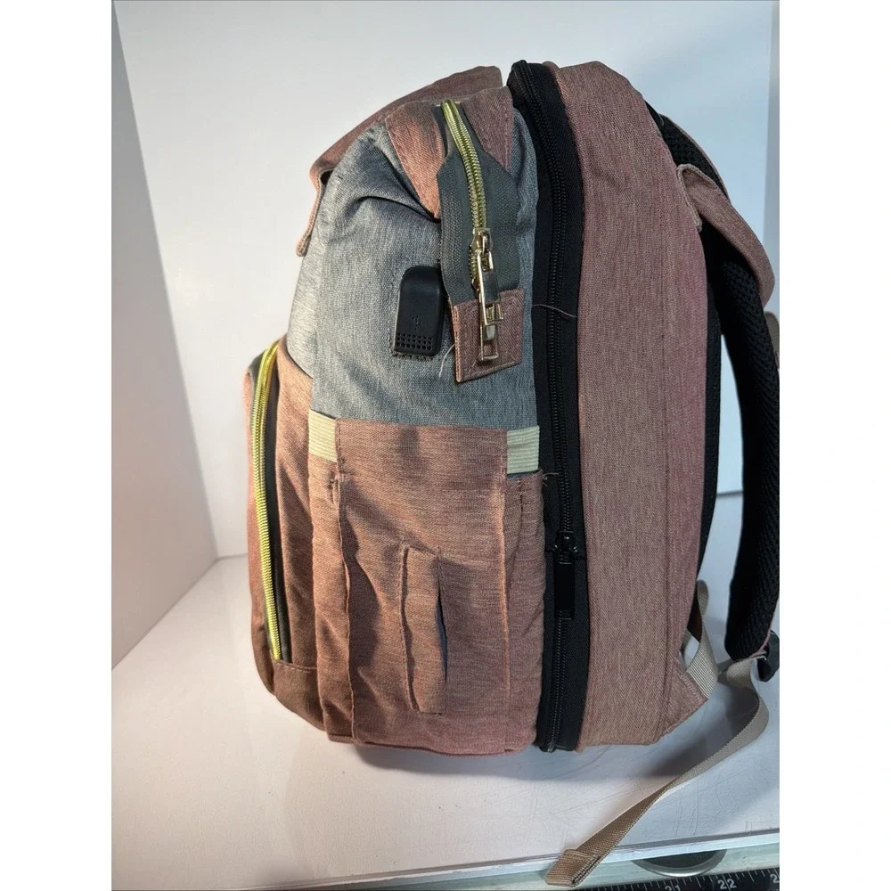 Land Large Gray Pink Diaper Backpack with Changing Pad and Adjustable Strap
